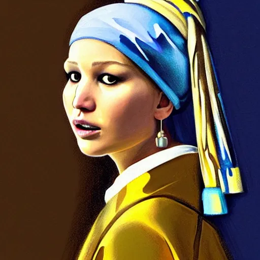 Prompt: portrait of Jennifer Lawrence in the style of Girl with a Pearl Earring by Johannes Vemeer, oil painting, masterpiece, old master, grand master, symmetrical facial features, intricate, elegant, digital painting, concept art, smooth, sharp focus, illustration, from StarCraft by Ruan Jia and Mandy Jurgens and Artgerm and William-Adolphe Bouguerea