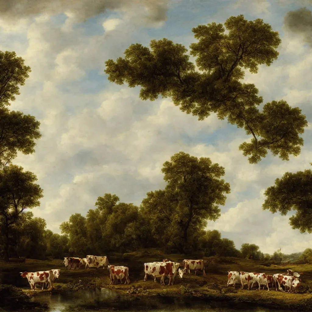 Prompt: Cows by a river by Jacob Van Ruisdael