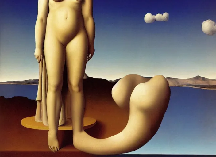 Image similar to a female goddess find forbidden knowledge by rene magritte and salvadore dali