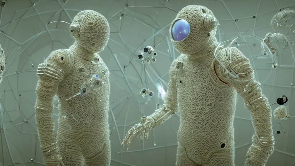 Image similar to a cybernetic symbiosis of a single astronaut eva suit made of pearlescent wearing knitted yarn thread infected with diamond 3d fractal lace iridescent bubble 3d skin covered with stalks of insectoid compound eye camera lenses floats through the living room, film still from the movie directed by Denis Villeneuve with art direction by Salvador Dalí, wide lens,