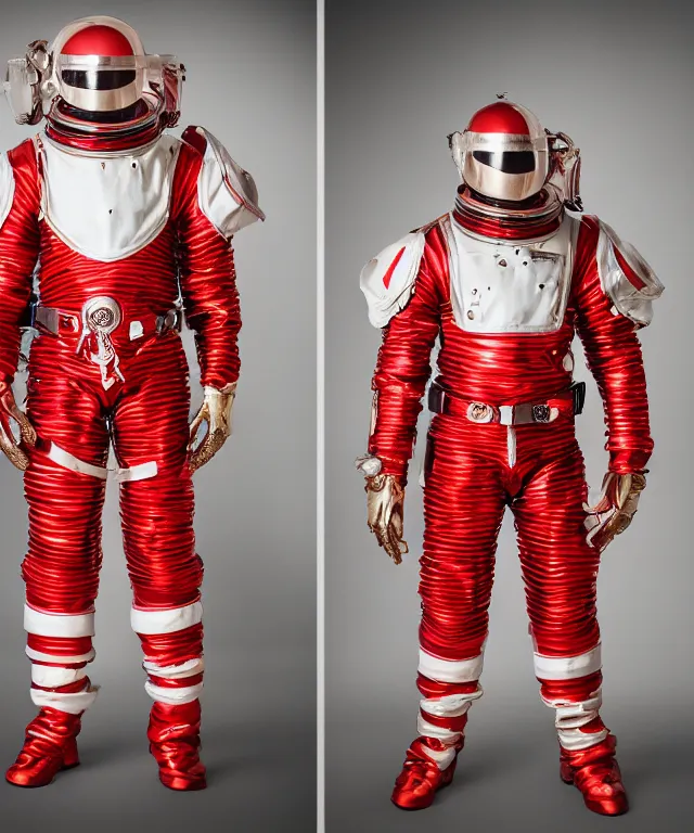 Image similar to photography of red and white space suits designed for knights templar, tubings, helmet with intricate design, golden linings, photo shoot, by annie leibovitz, sigma 85mm 1.4, glows, sharp, high contrast, octane render