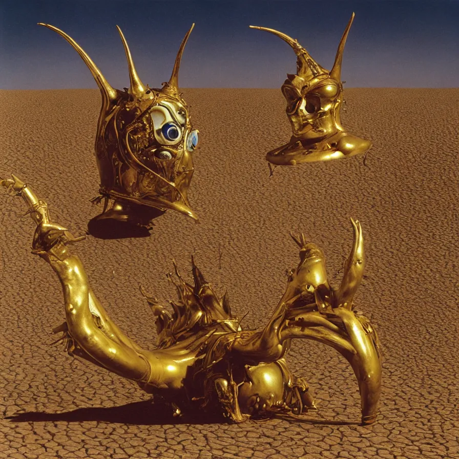 Prompt: salvador dali wearing a golden horned crown and jewels in a dry sand desert landscape, alien spaceship by giger, film still from the movie by alejandro jodorowsky with cinematogrophy of christopher doyle and art direction by hans giger, anamorphic lens, kodakchrome, very detailed photo, 8 k