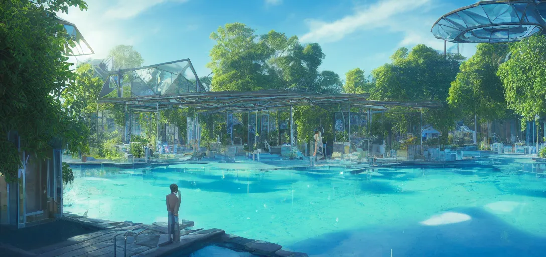 Image similar to view of a utopian outdoor solarpunk pool, empty, blue clear skies, waves, bubbles, reflections, refractions, caustics, dappled light, cinematic lighting, ultra detailed, sharp, ambient occlusion, raytracing, 3 d artstation render by greg rutowski, finnian macmanus and jessica rossier