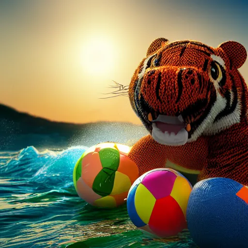 Image similar to a closeup photorealistic photograph of a cute smiling knitted tiger hippopotamus chasing a beachball at sundown. surf in background. professional capture. this 4 k hd image is trending on artstation, featured on behance, well - rendered, extra crisp, features intricate detail, epic composition and the style of unreal engine.