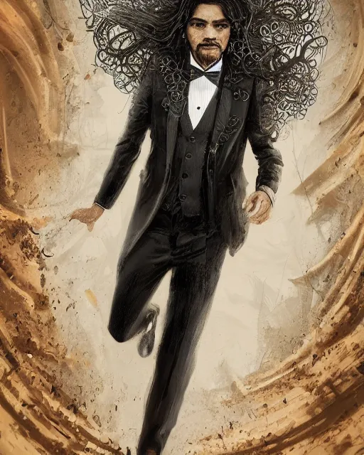 Image similar to a highly detailed portrait of carlos valdes radiating a powerful energy aura, ornate black tuxedo, wispy tendrils of smoke, intricate, digital painting, old english, raining, sepia, particles floating, whimsical background by marc simonetti, artwork by liam wong