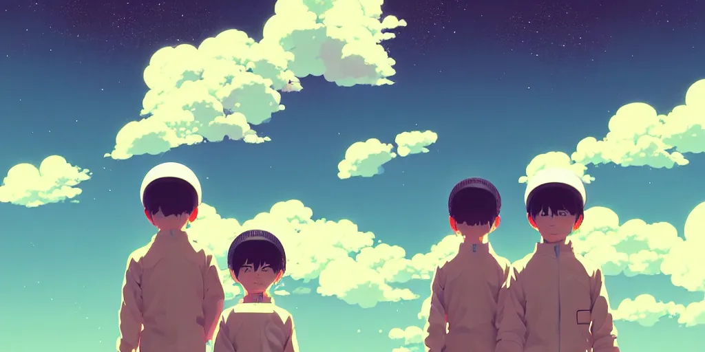 Prompt: 3 d portrait of smiling boy and girl teens with astronaut helmets by ilya kuvshinov, cloudy sky background lush landscape ln illustration concept art anime key visual trending pixiv by victo ngai fanbox by greg rutkowski makoto shinkai takashi takeuchi studio ghibli