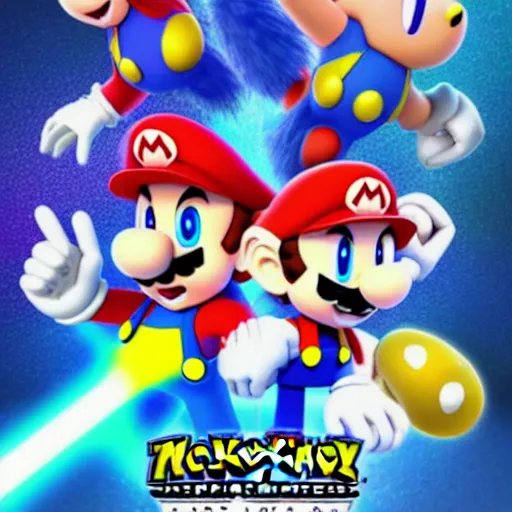 Image similar to super mario, kirby, sonic the hedgehog, super smash bros, star wars themed movie poster high detail accurate eyes and good gesture poses, pokemon anime cartoon style