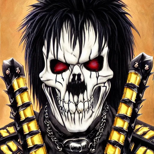 Image similar to a portrait of the grim reaper as a punk rocker playing an electric guitar, punk, skeleton face, mohawk, dark, fantasy, leather jackets, spiked collarsand wristbands, piercings, boots, ultrafine detailed oil on canvas painting by frank frazetta and vito acconci and and takeshi obata, death note style, symetric body, sharp focus