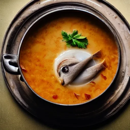 Prompt: michelin star food photography of a cooked cats head floating in a bowl of soup