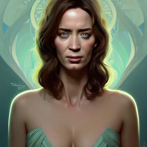 Image similar to character concept portrait of emily blunt, beautiful voluminous muscular tall healthy and virtuous. modestly clothed, intricate, elegant, highly detailed, digital painting, artstation, concept art, symmetry, smooth, sharp focus, illustration, art by mandy jurgens and alphonse mucha and alena aenami