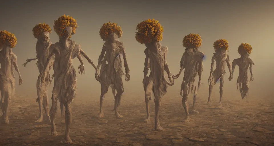 Image similar to a photo of humanoid aliens! with floral heads wearing robes in a foggy desert, octane render, cg society,