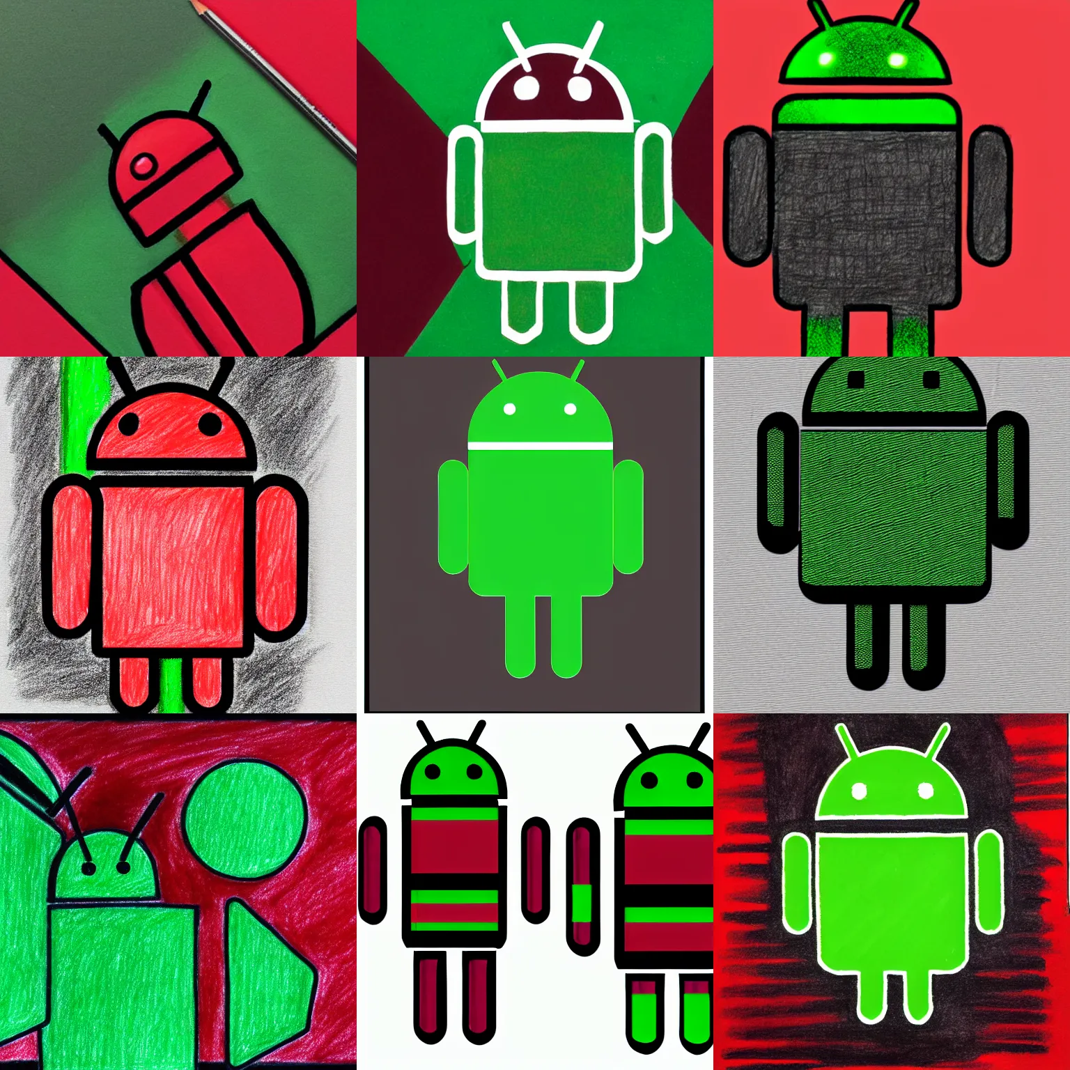 Prompt: a drawing of an android using red black and green colors