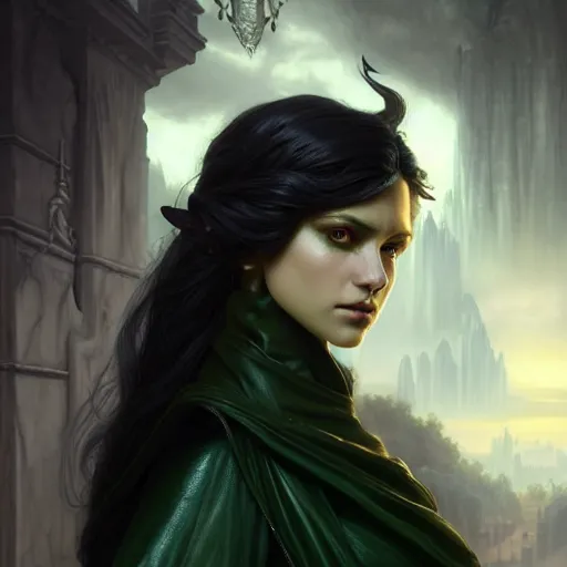 Prompt: fantasy portrait painting of a beautiful black haired noble elf woman with a stoic face and green eyes wearing a leather cloak and a fancy white shirt, ultra realistic, concept art, intricate details, eerie, highly detailed, photorealistic, octane render, 8 k, unreal engine. art by artgerm and greg rutkowski and charlie bowater and magali villeneuve