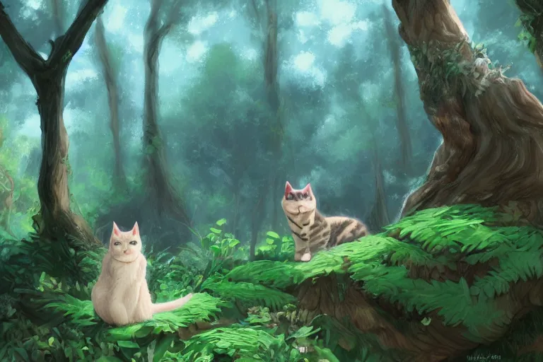 Image similar to a cat in a forest, highly detailed, digital art, trending on artstation, backlighting, by kawacy, by wayne mclouglin, by don bluth