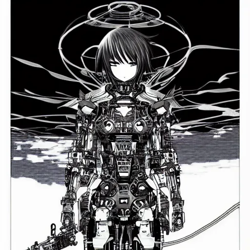 Image similar to a vertical portrait of a manga character in a scenic environment by nihei tsutomu, black and white, cybernetic armor, highly detailed