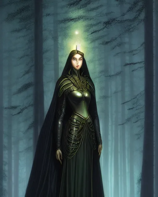 Prompt: nocturne, glowing, stars, a portrait of a female wood ranger, tall and thin, highly detailed, mysterious, ethereal, wearing elegant black leather armor, dark forest, illustration, painting, dramatic lighting, by edmund blair leighton, brom, charlie bowater, faces by otto schmidt