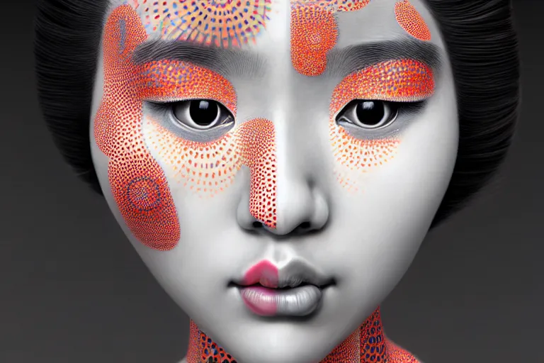 Prompt: hyperrealistic detailed portrait of a geisha, background by yayoi kusama, part by kei mieno, part by ross tran, part by james jean, ultra realistic, highly detailed, symmetrical face, detailed body, 3 d render, very cohesive, masterpiece