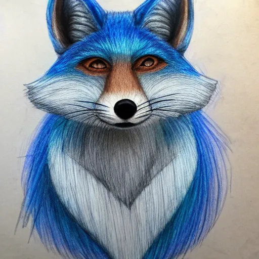 Image similar to high quality colored pencil sketch portrait of an anthro furry fursona blue fox, handsome eyes, sketch doodles surrounding it, photo of notebook sketch