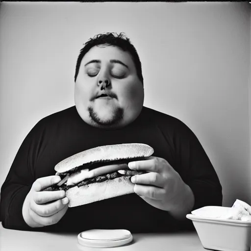 Prompt: a black and white film photo of a fat man eating a sandwich. holga, lomo, film, tri - x