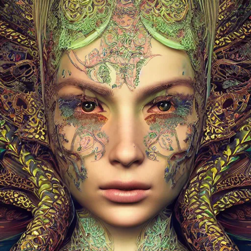 Prompt: wonderful princess of fractals and patterns, beautiful face, hyper detailed, background intricate and detailed, ornate 8 k gorgeous intricate detailed, octane render