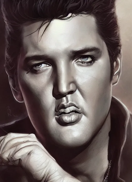 Image similar to Portrait of Elvis Presley, marvel comics, dark, intricate, highly detailed, smooth, artstation, digital illustration by Ruan Jia and Mandy Jurgens and Artgerm and Wayne Barlowe and Greg Rutkowski and Frank Frazetta