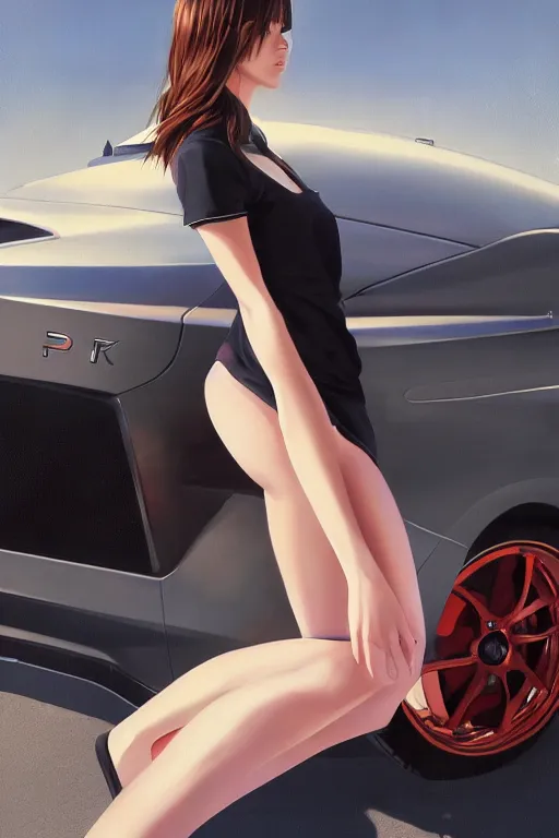 Prompt: A ultradetailed beautiful panting of a stylish girl standing in front of a Nissan GTR, Oil painting, by Ilya Kuvshinov, Greg Rutkowski and Makoto Shinkai