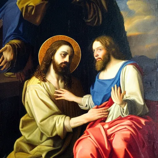 Image similar to 1 8 th oil panting of a jesus coupling with maria maddalena