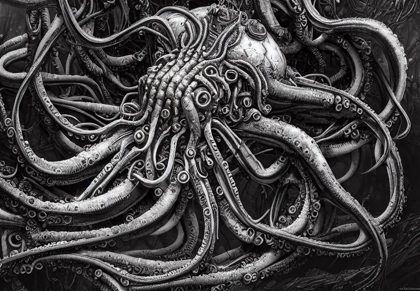 Prompt: extremely detailed. full body pictures of a cybernetic octopus engine. underwater photography. biomechanical giger ’ s xenomorph. the thing. detailed and intricate environment, wide angle, hyperrealism, plants and jungle, detailed and intricate environment, reflective, dynamic lighting, rembrandt, 8 k