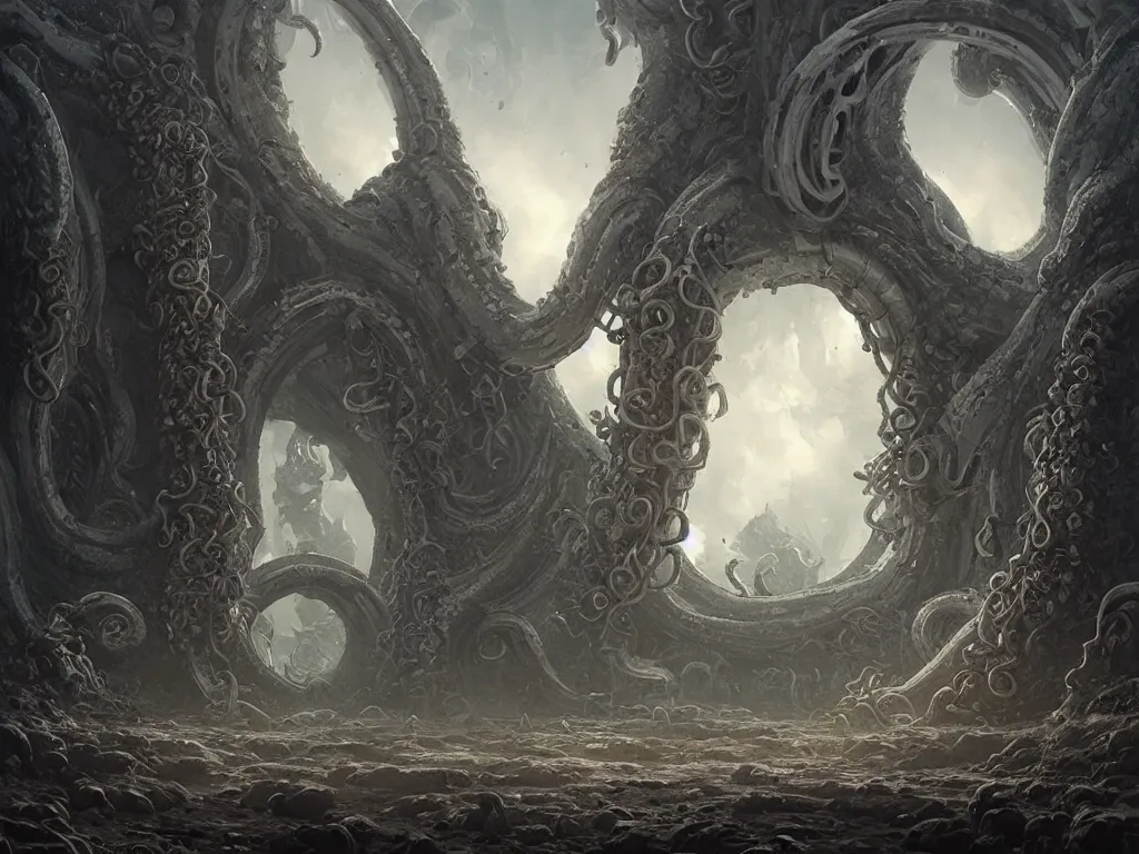 Prompt: A picture of a mysterious ancient temple with tentacles coming out of the massive entrance art by Darek Zabrocki, ominous, cosmic horror, trending on artstation, Ultra detailed, hyper realistic, 4k