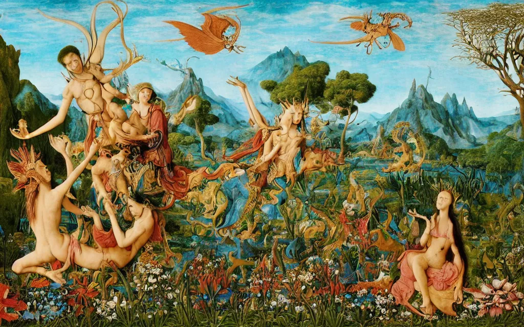 Prompt: a photograph of a meditating harpy and a centaur king riding dragons and hugging tropical animals at a river delta. surrounded by bulbous flowers, animals and trees. mountains range under a blue sky of burning stars. painted by jan van eyck, max ernst, ernst haeckel and ernst fuchs, cgsociety, artstation, fashion editorial, 8 k