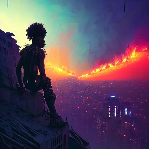 Image similar to a cyberpunk zulu warrior sitting on a cliff watching an enormous city burn!!! from a distance at night, fire!!, by alena aenami and android jones and greg rutkowski, Trending on artstation, hyperrealism, elegant, stylized, highly detailed digital art, 8k resolution, hd, global illumination, radiant light, detailed and intricate cyberpunk ghetto environment, rendered in octane, post processed, wide angle, dynamic portrait