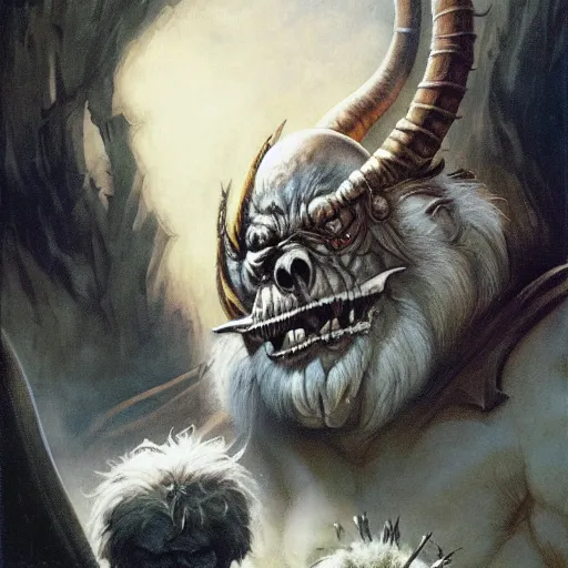 Image similar to quarter length portrait of a bugbear, d & d, fantasy, greg rutkowski, frank frazetta, alexandre chaudret, boris vallejo, michael whelan, miro petrov, hr giger, magali villeneuve, donato giancola