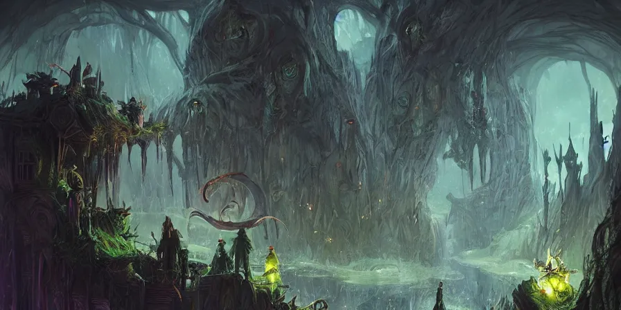 Prompt: D&D party at a start of wondrous journey, not ominous at all, no dark portents, hidden dangers, no mysterious tentacles or creepy glowing things, horror, tentacles, orange and green sick lights, digital art, dark atmosphere by Marby Kwong, (((((((Makoto Shinkai Raphael Lacoste Martin Deschambault Finnian MacManus ArtStationhq IAMAG