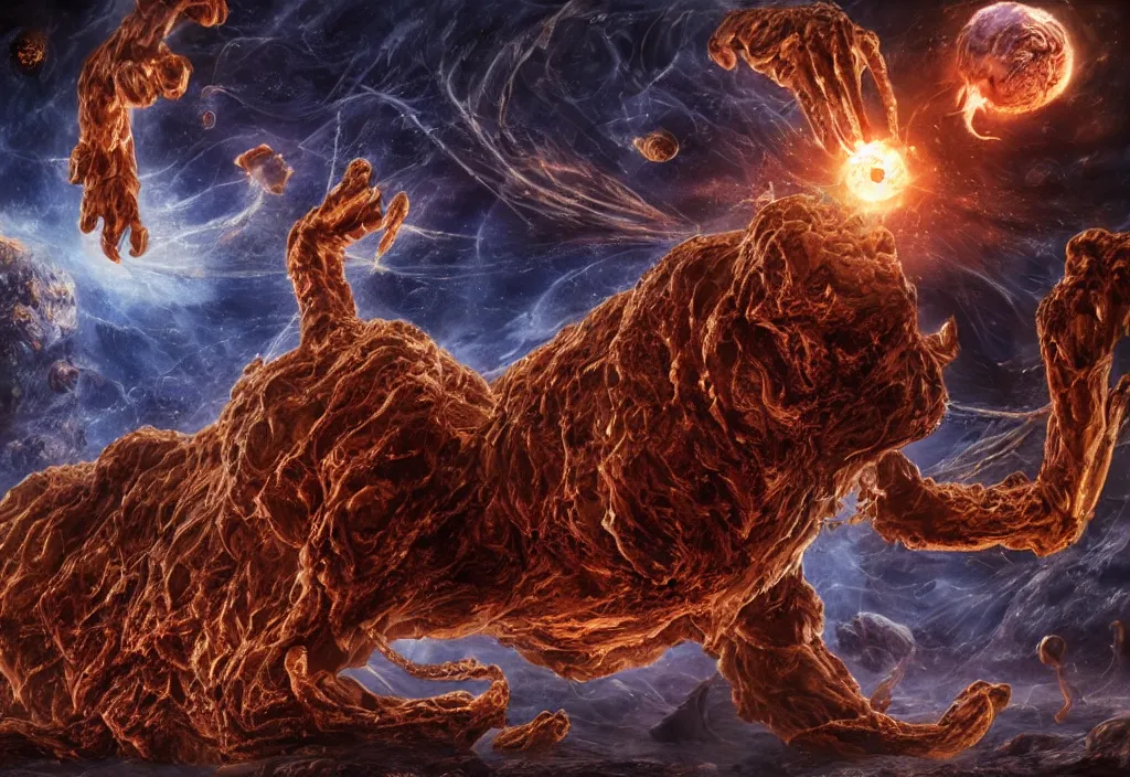 Image similar to eldritch horror bloody garfield in space, hd, 8 k, giant, epic, realistic photo, unreal engine, stars, prophecy, powerful, cinematic lighting, destroyed planet, debris, violent, sinister, ray tracing, dynamic, epic composition, dark, horrific, teeth, grotesque, monochrome drawing, hellscape, death, corpses, foreboding