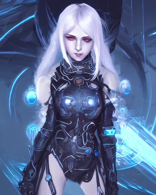 Image similar to holy cyborg necromancer girl, elegant, scifi, futuristic, utopia, garden, illustration, atmosphere, top lighting, blue eyes, white hair, focused, artstation, highly detailed, art by yuhong ding and chengwei pan and serafleur and ina wong