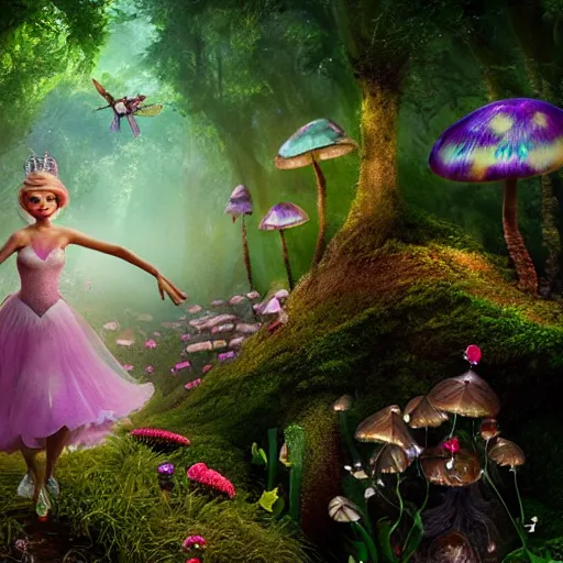 Image similar to beautiful faerie princess walks through happy trippy fungal landscape, weta pixar 8 k detailed face award winning photography