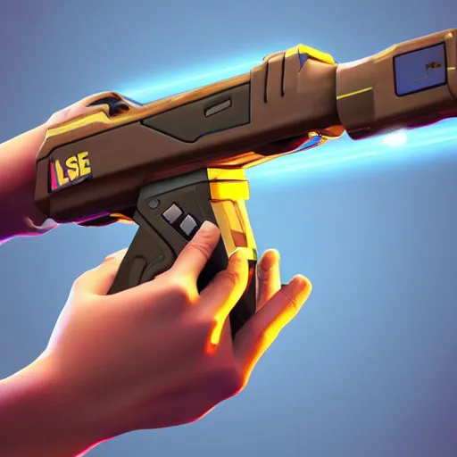 Image similar to “ hand in glove holding laser gun from the side, cinematic, digital art, fortnite style, award winning ”