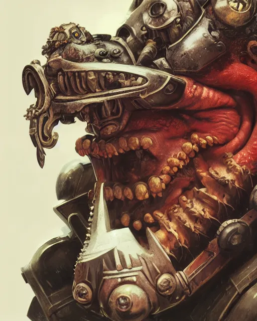 Image similar to hyper realistic portrait of heroic warhammer 4 0 k android head, cinematic, chaos marine, wolf, horror, muppet, octopus, artstation, cgsociety, full head and shoulders, greg rutkowski, james gurney, mignola, craig mullins, brom redshift, vray, octane