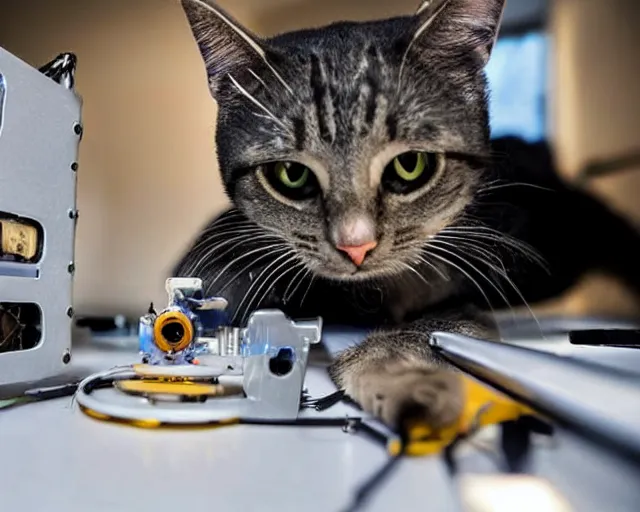 Image similar to Cat robot opened up for repairs, award-winning photograph for science magazine