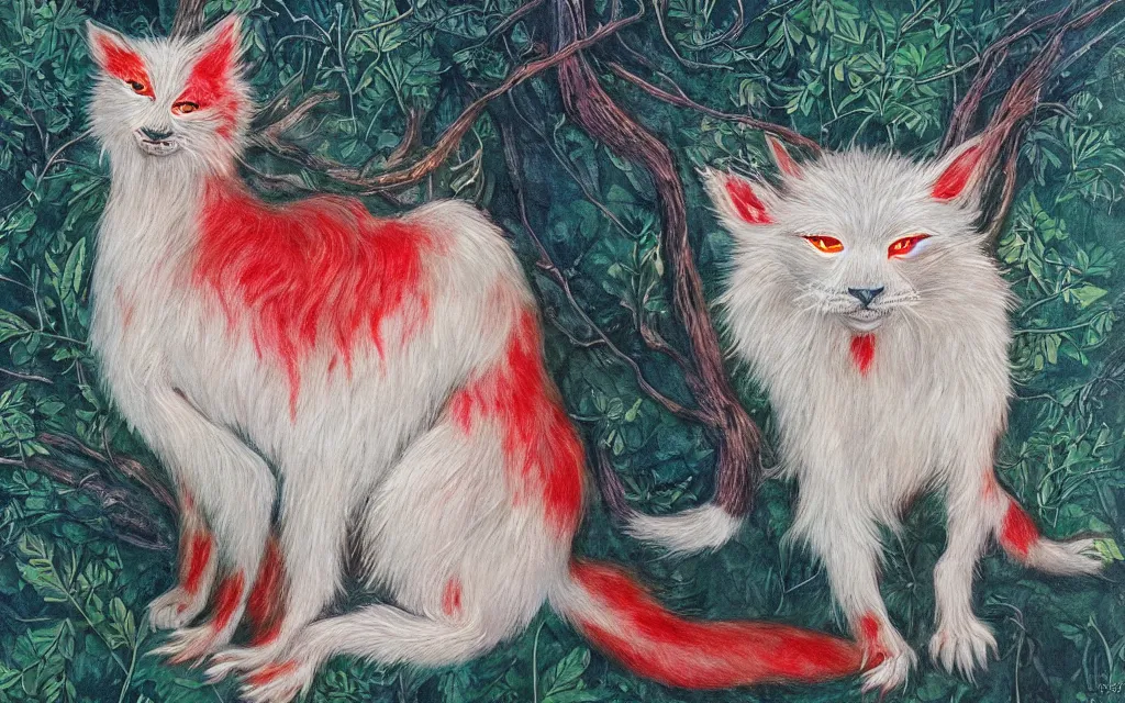 Image similar to mysterious creature with white fur and red streaks, long limbs, with intricate golden paws and glowing eyes by naomi chen