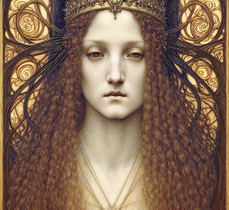 Image similar to detailed realistic beautiful young medieval queen face portrait by jean delville, gustave dore and marco mazzoni, art nouveau, symbolist, visionary, gothic, pre - raphaelite. horizontal symmetry