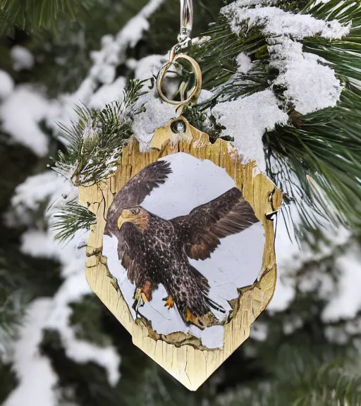 Prompt: realistic keychain of an eagle in the nest of a snowy pine tree