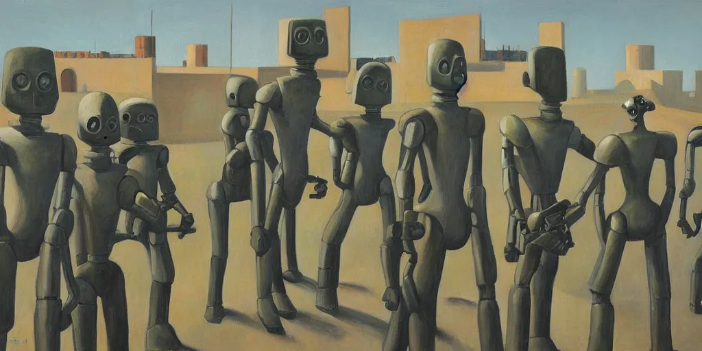 Prompt: robots guarding a brutalist fortress, rebel disciples in war masks, dystopian, pj crook, edward hopper, oil on canvas