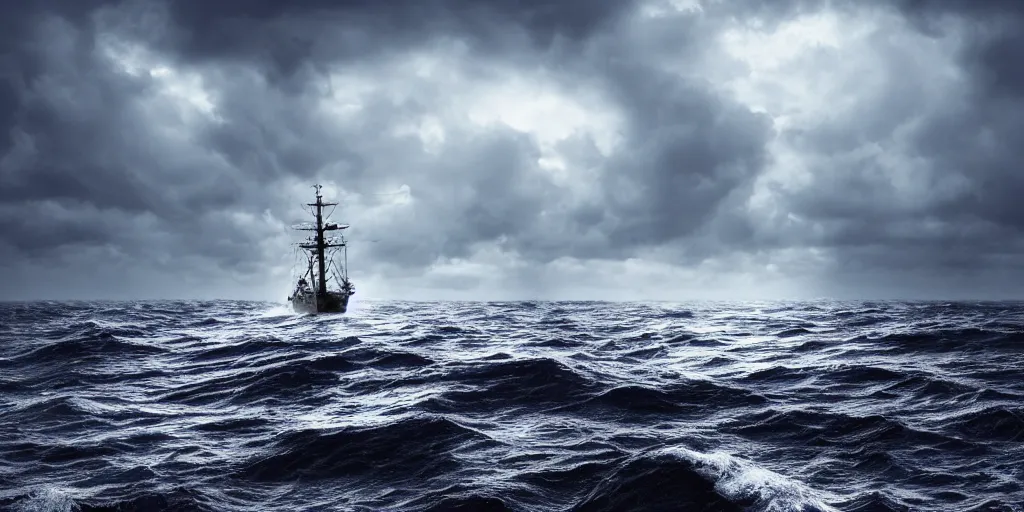 Prompt: a ship at sea in a storm and an empty sea, fantasy, hyper realistic, dramatic lighting, 8k