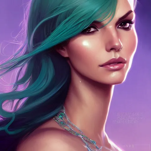 Image similar to Victoria Justice with teal hair and green eyes as Emma Frost, western, D&D, fantasy, intricate, elegant, highly detailed, digital painting, artstation, concept art, matte, sharp focus, illustration, art by Artgerm and Greg Rutkowski and Alphonse Mucha