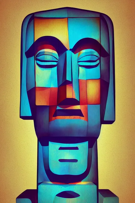 Image similar to cubist moai statue cutout digital illustration cartoon colorful beeple