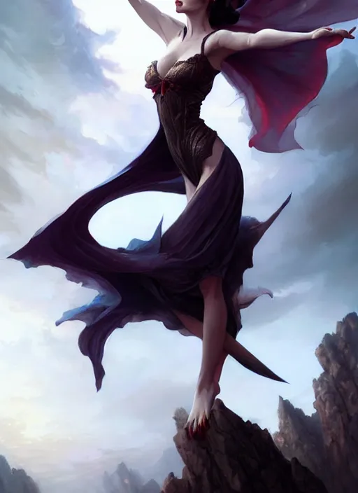 Image similar to desirable vampire woman floating in the air with silk cloth, fantasy, intricate, elegant, highly detailed, digital painting, artstation, concept art, matte, sharp focus, illustration, art by artgerm and greg rutkowski, dreadjim, zeen chin