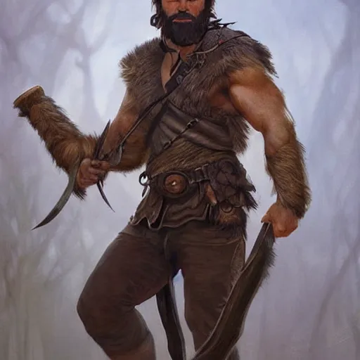 Image similar to portrait of a gruff ranger holding a spear, accompanied by a wolf dog, muscular, upper body, hairy body, D&D, fantasy, intricate, elegant, highly detailed, digital painting, artstation, concept art, matte, sharp focus, illustration, art by Artgerm and Greg Rutkowski and Alphonse Mucha