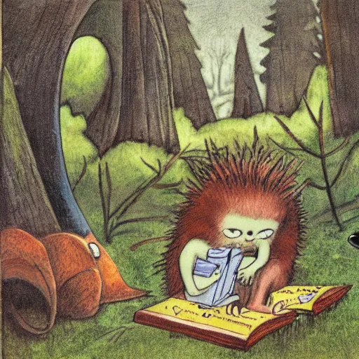 Image similar to monster reading a book in a forest, where the wild things are, bicycle, log, oil on canvas, calm, maurice sendak