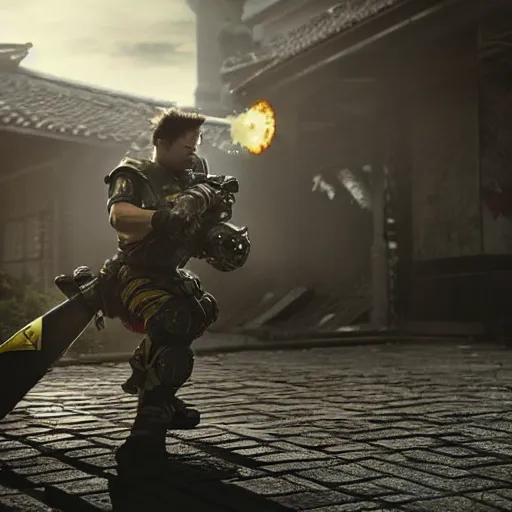 Image similar to 'Samurai Pikachu' in Gears of War, splash art, movie still, cinematic lighting, dramatic, octane render, long lens, shallow depth of field, bokeh, anamorphic lens flare, 8k, hyper detailed, 35mm film grain